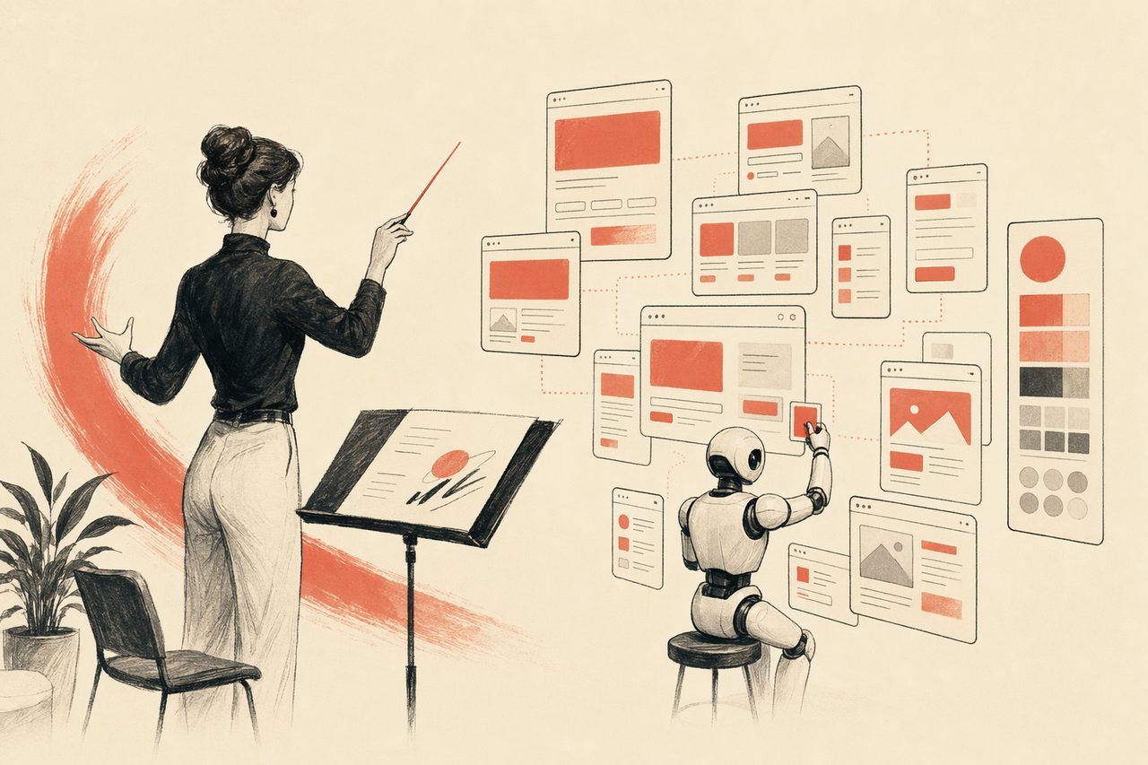 Editorial illustration of a designer directing while an agent fills in screens, variants and a design system