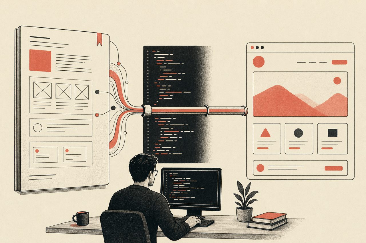 Editorial illustration of a DESIGN.md flowing directly into front-end code and rendered UI, skipping a handoff step