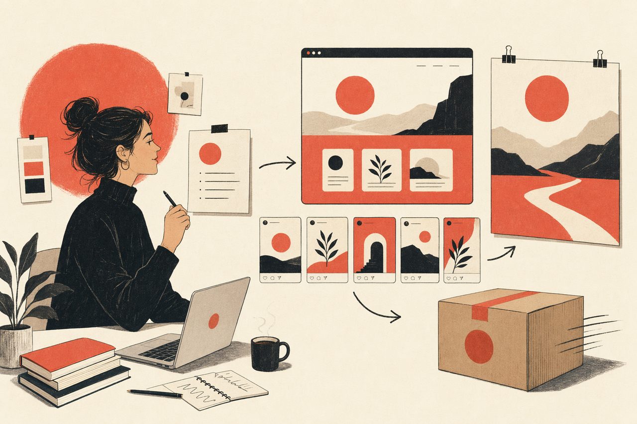 Editorial illustration of a marketer turning a brief into a landing page and a set of on-brand social cards