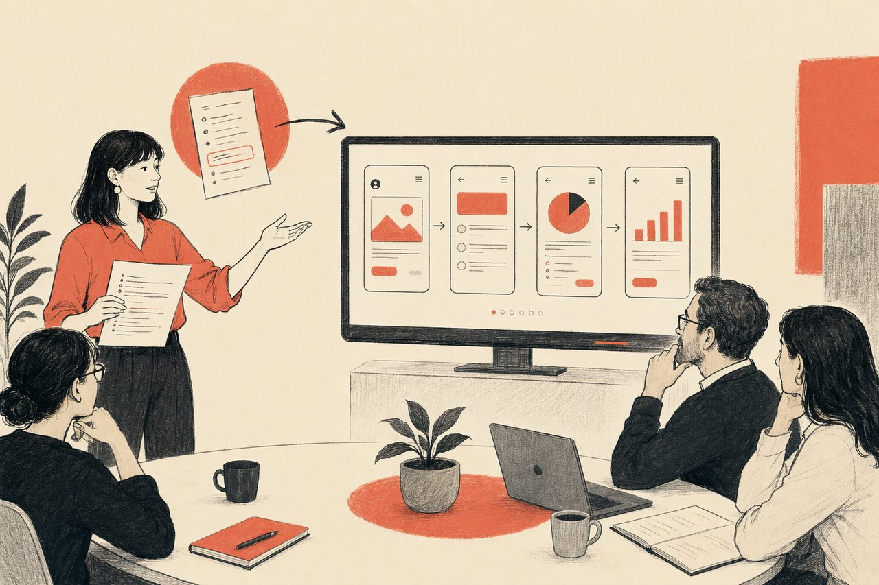 Editorial illustration of a PM turning a written idea into a clickable prototype shown to stakeholders