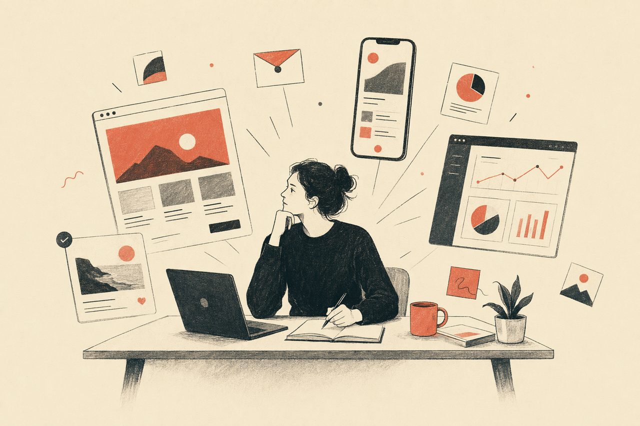 Editorial illustration of one person at a desk surrounded by a landing page, an app, a dashboard and social cards all in one consistent style
